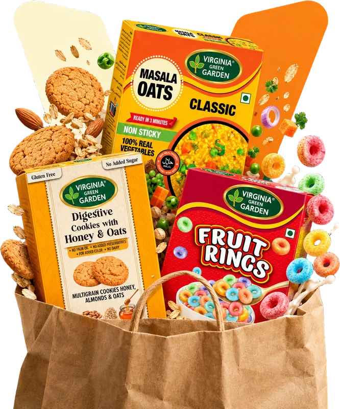 Virginia Green Garden masala oats, digestive cookies and fruit rings in a paper shopping bag