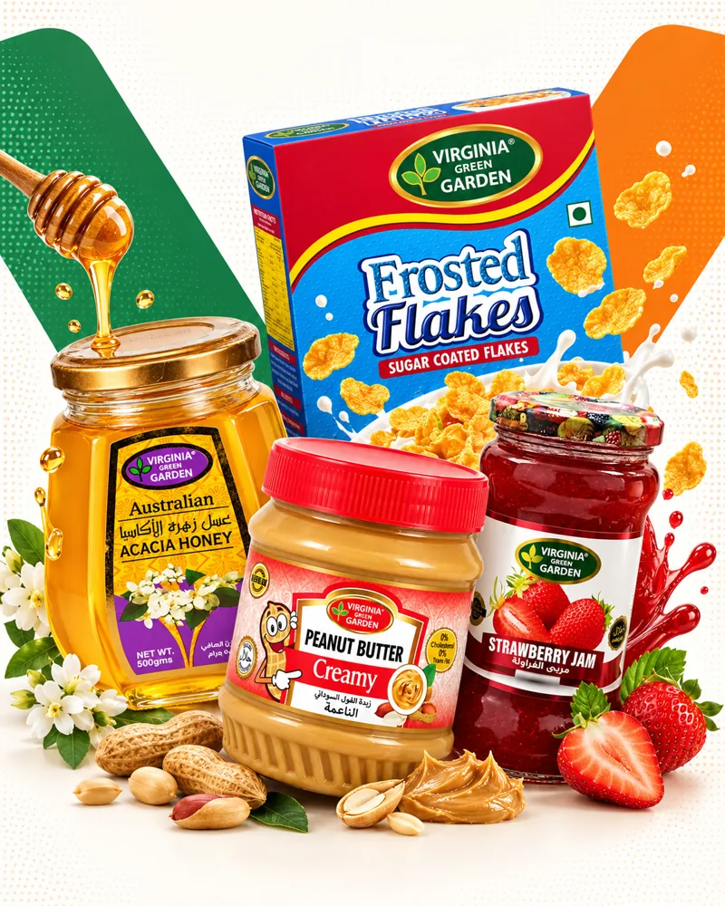 Virginia Green Garden acacia honey, peanut butter, strawberry jam and Frosted Flakes