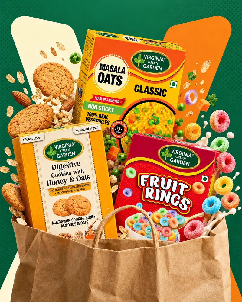 A V1 grocery bag with Virginia Green Garden cookies, masala oats and fruit rings